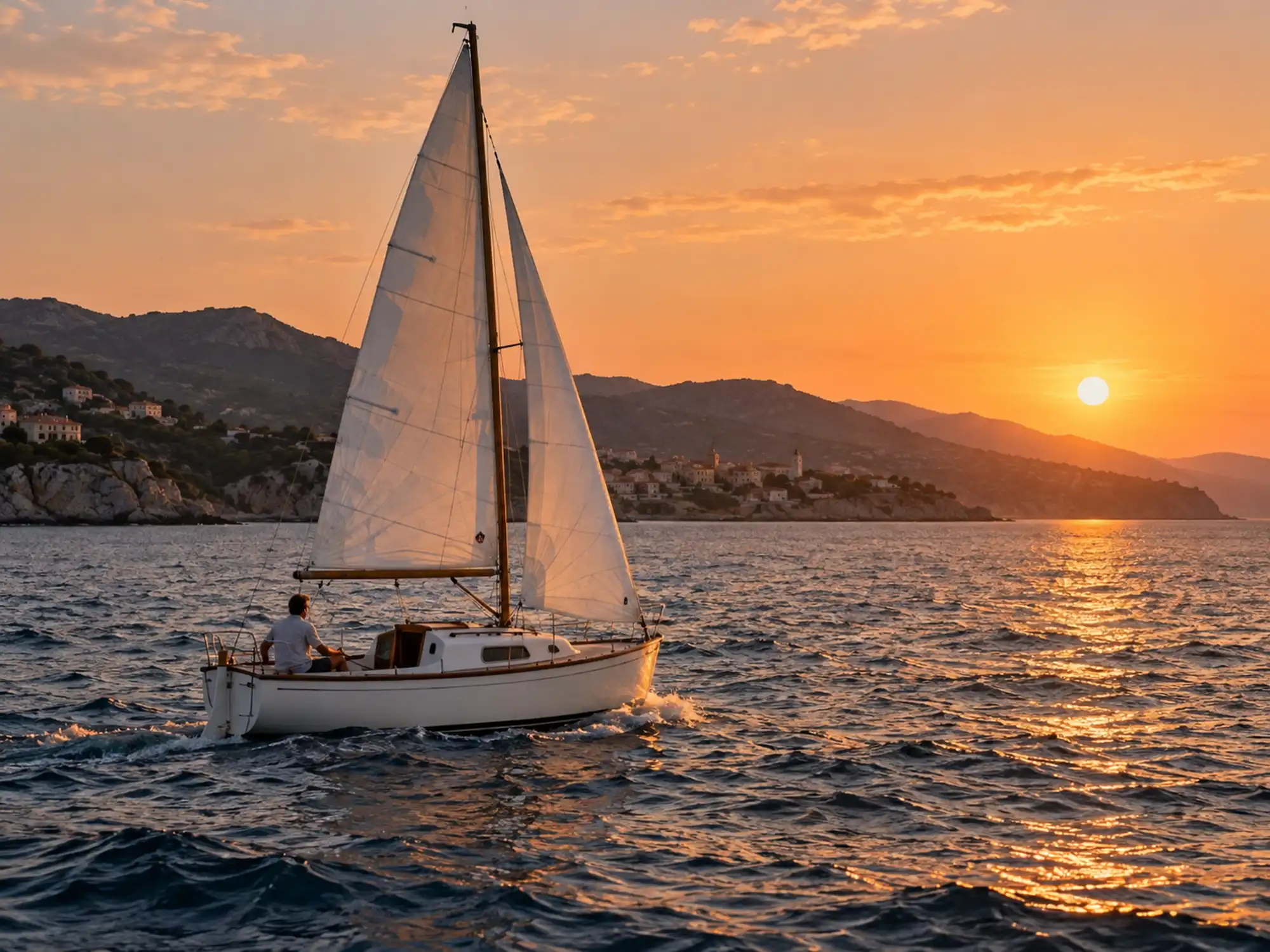 Petit voilier sous voiles au coucher du soleil