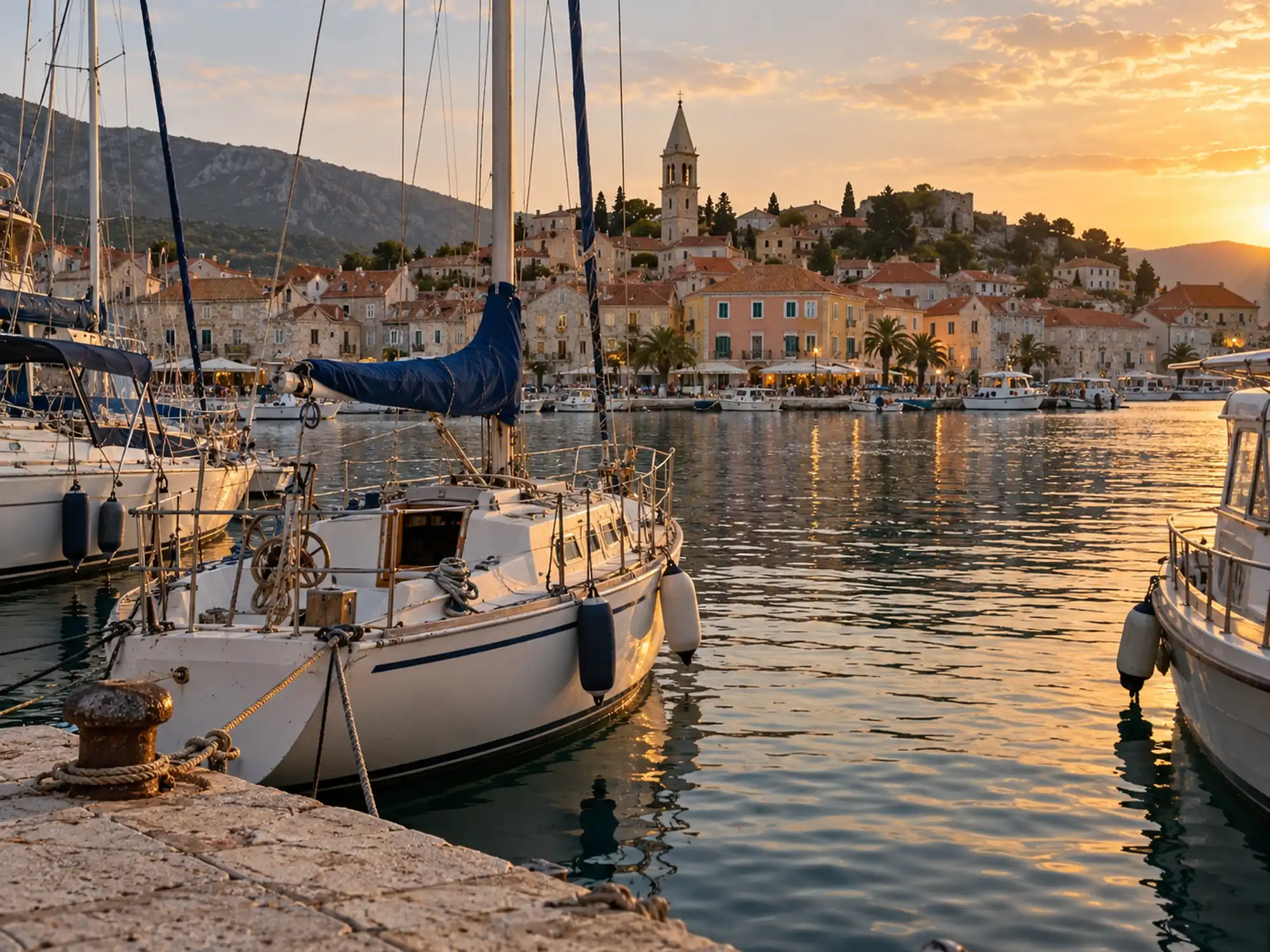 Voiliers amarrés au quai d’un port au coucher du soleil