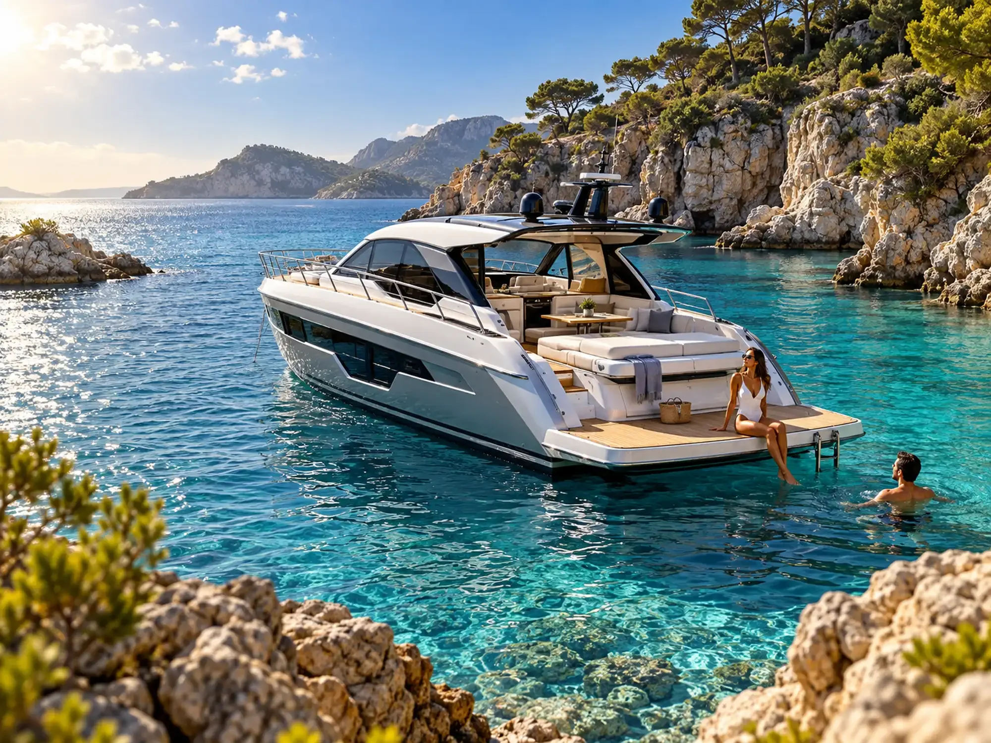 Yacht au mouillage dans une baie méditerranéenne